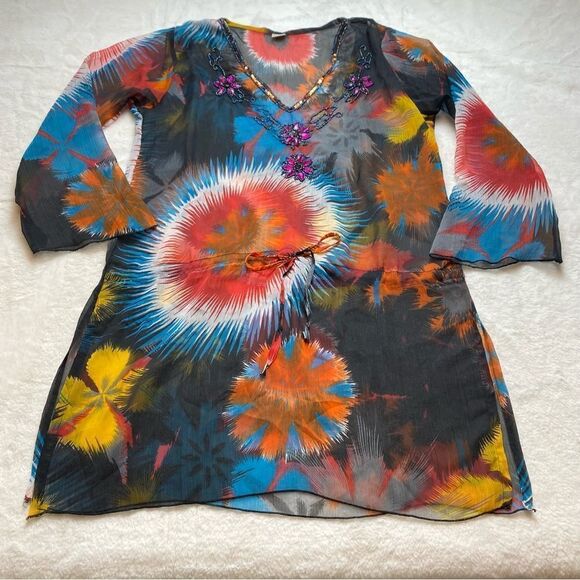Sahiba MultiColor Floral Semi Sheer Swim Cover - Picture 1 of 9